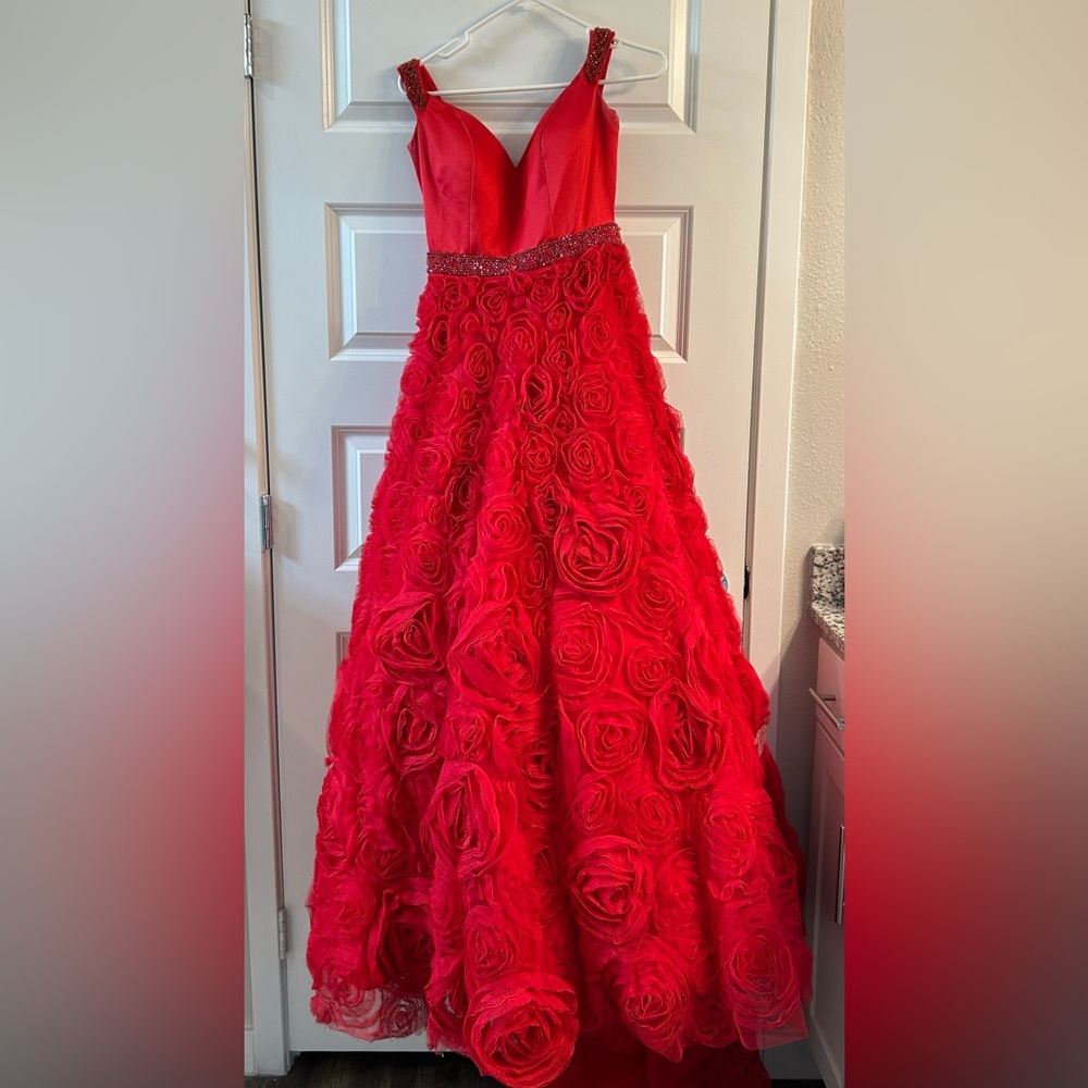 Red Sherri Hill ball gown with rose appliquéd